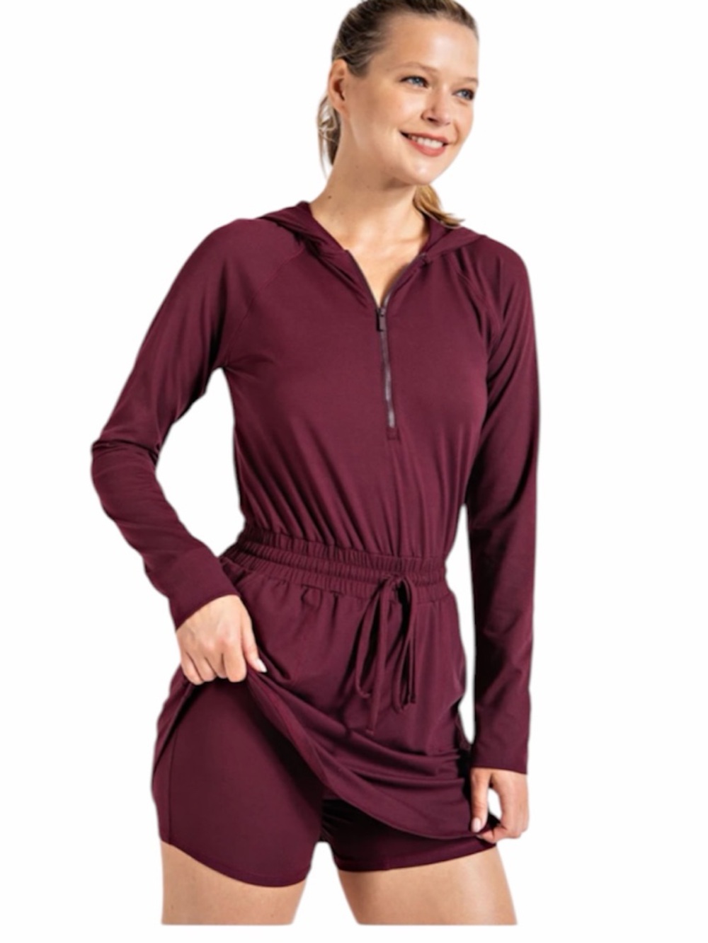 Butter 2 in 1 Maroon Long Sleeve Skort Romper with Hood Size Small